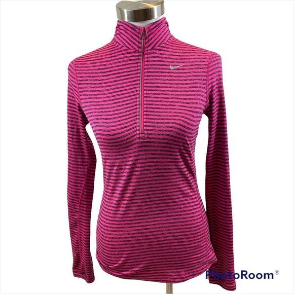 Ladies Nike Running Dri-Fit Long Sleeved 1/4 Zipper Top Pink and Grey Striped XS - Picture 2 of 16